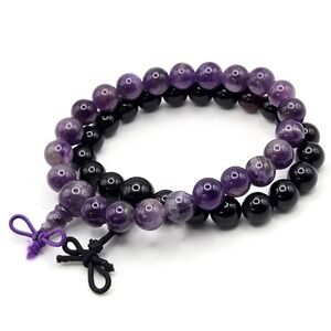 Set of 2 Amethyst and Black Obsidian Beaded Bracelets 8mm Natural Stone Elastic